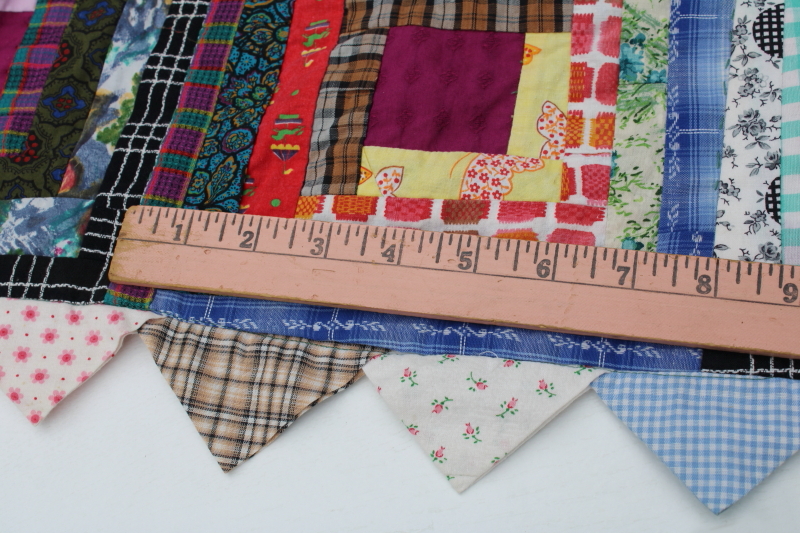 photo of log cabin quilt w/ sawtooth points border, vintage crazy quilt patchwork w/ embroidered backing  #14