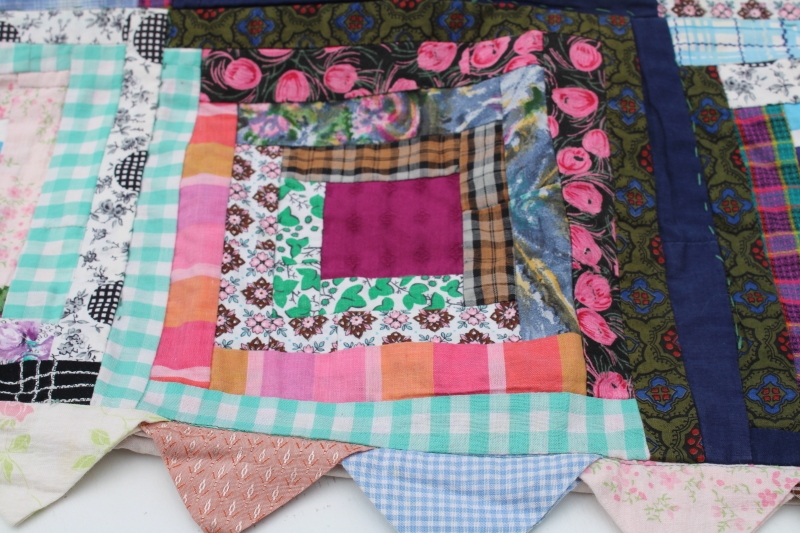 photo of log cabin quilt w/ sawtooth points border, vintage crazy quilt patchwork w/ embroidered backing  #15