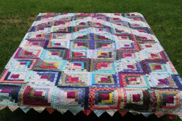 log cabin quilt w/ sawtooth points border, vintage crazy quilt patchwork w/ embroidered backing 