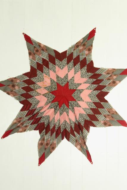 photo of lone star patchwork quilt starburst pieced diamonds primitive red pink vintage cotton fabric #1