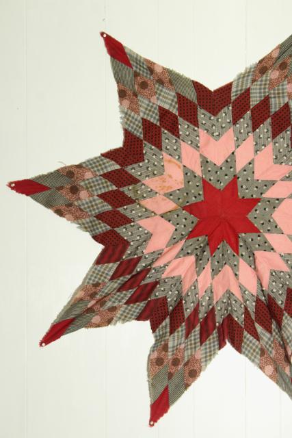 photo of lone star patchwork quilt starburst pieced diamonds primitive red pink vintage cotton fabric #2