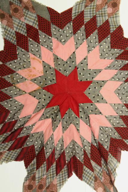 photo of lone star patchwork quilt starburst pieced diamonds primitive red pink vintage cotton fabric #3