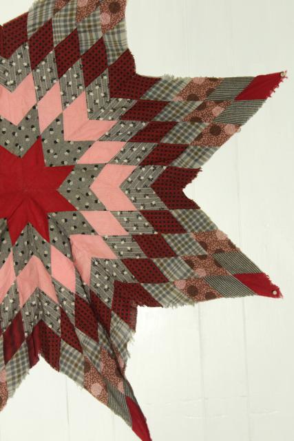 photo of lone star patchwork quilt starburst pieced diamonds primitive red pink vintage cotton fabric #4