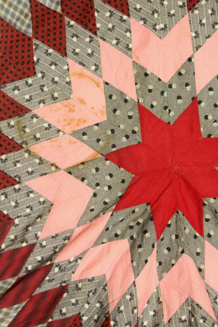 photo of lone star patchwork quilt starburst pieced diamonds primitive red pink vintage cotton fabric #5