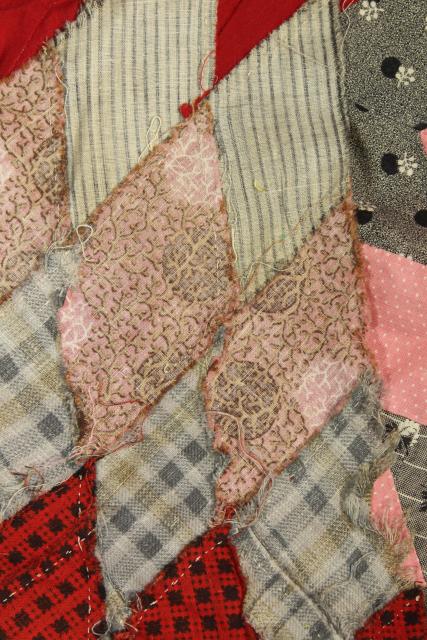 photo of lone star patchwork quilt starburst pieced diamonds primitive red pink vintage cotton fabric #7