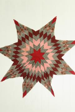 catalog photo of lone star patchwork quilt starburst pieced diamonds primitive red pink vintage cotton fabric