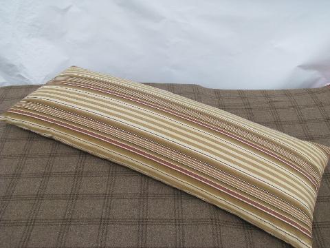 photo of long bolster body pillow, antique feather pillow, vintage wide stripe cotton ticking #1