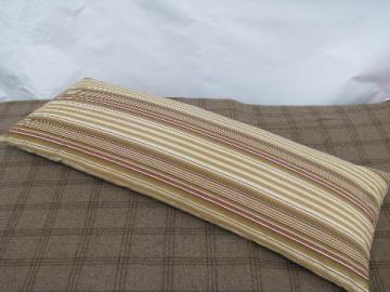 catalog photo of long bolster body pillow, antique feather pillow, vintage wide stripe cotton ticking