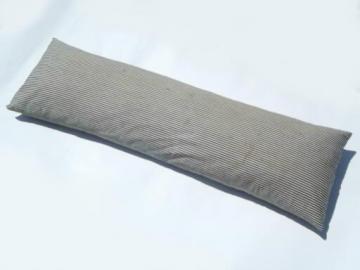 catalog photo of long bolster or body pillow, feather pillow w/ old indigo blue ticking