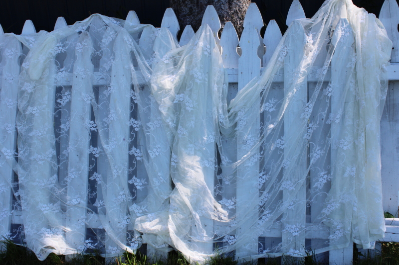 photo of long floaty vintage white lace panels, wedding decor canopy swags or banquet tablecloths #4