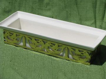 catalog photo of long flower box planter, USA pottery windowbox w/ brass swans frame