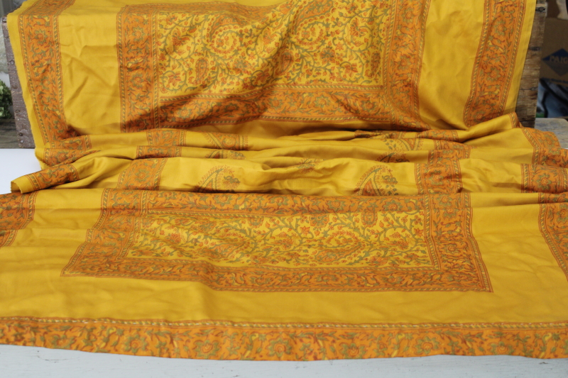 photo of long runner saree fabric, vintage paisley block print cotton, soft satiny curry gold copper orange  #1