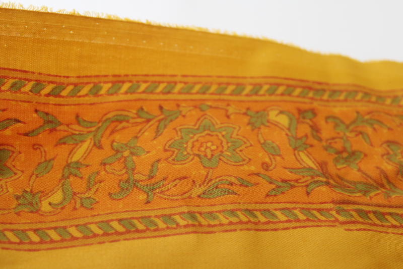 photo of long runner saree fabric, vintage paisley block print cotton, soft satiny curry gold copper orange  #3