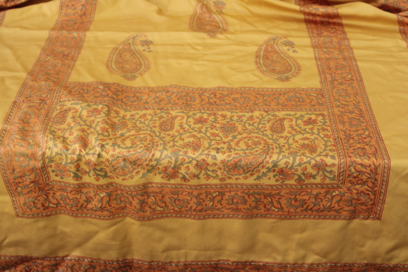 photo of long runner saree fabric, vintage paisley block print cotton, soft satiny curry gold copper orange  #4