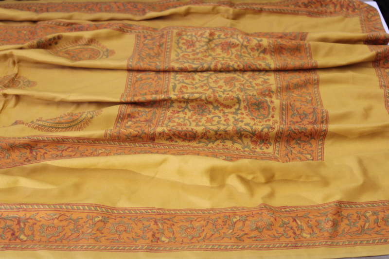 photo of long runner saree fabric, vintage paisley block print cotton, soft satiny curry gold copper orange  #6