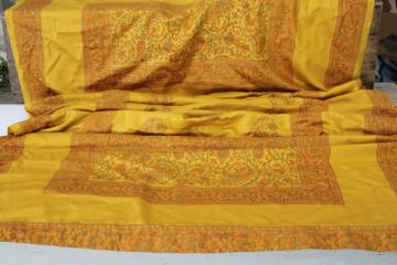 catalog photo of long runner saree fabric, vintage paisley block print cotton, soft satiny curry gold copper orange 