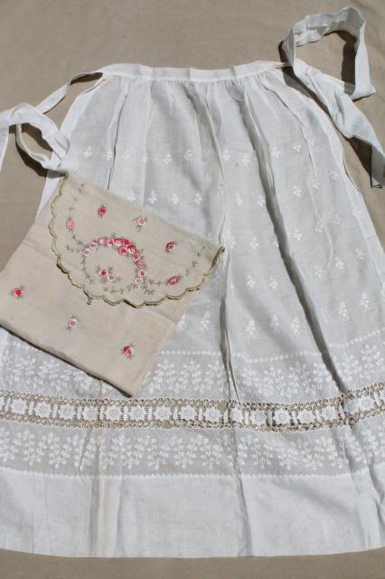 photo of long white cotton apron w/ drawn thread lace, old wedding apron or folk costume w/ embroidered bag #1