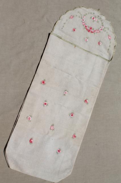 photo of long white cotton apron w/ drawn thread lace, old wedding apron or folk costume w/ embroidered bag #2