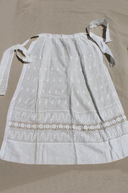 photo of long white cotton apron w/ drawn thread lace, old wedding apron or folk costume w/ embroidered bag #5