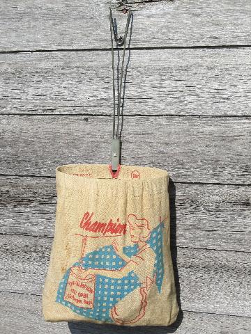 photo of lot 1960s vintage wood clothes pins & laundry line clothespin bag #3