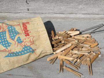 catalog photo of lot 1960s vintage wood clothes pins & laundry line clothespin bag