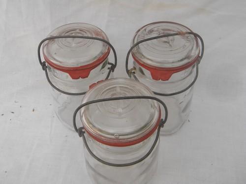 photo of lot 3 old Ball Ideal 1 pint mason jars w/ lightning lids, WWII vintage #3