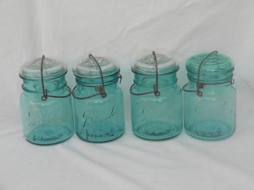 photo of lot 4 vintage aqua blue Ball Ideal mason jars/canisters, lightning lids #1