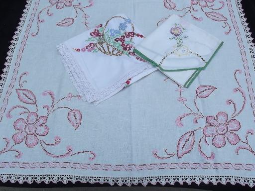 photo of lot 40s 50s vintage card table cloths, tablecloths w/ embroidery and crochet #2