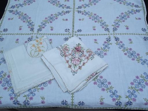 photo of lot 40s 50s vintage card table cloths, tablecloths w/ embroidery and crochet #3