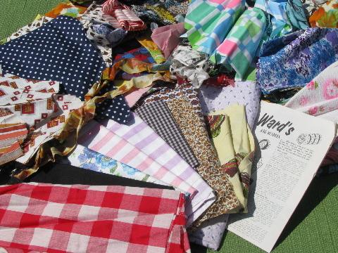 photo of lot 50s-60s print quilting fabric scraps, vintage Ward's rag bundle #1