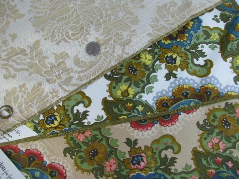 photo of lot 50s-60s vintage upholstery fabric samples, florals, silky brocade #7
