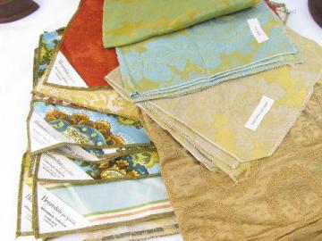 catalog photo of lot 50s-60s vintage upholstery fabric samples, florals, silky brocade