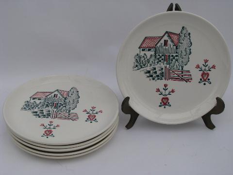 photo of lot 6 vintage 1940s - 50s pottery plates, folk art scene w/ old barn #1