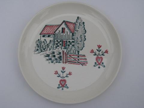 photo of lot 6 vintage 1940s - 50s pottery plates, folk art scene w/ old barn #2