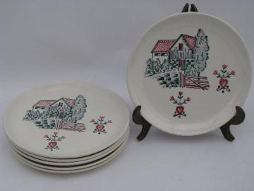 catalog photo of lot 6 vintage 1940s - 50s pottery plates, folk art scene w/ old barn