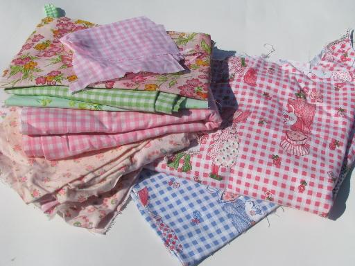 photo of lot 60s 70s vintage fabric scraps, novelty print sunbonnet girl etc. #1