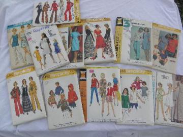 catalog photo of lot 70s vintage sewing patterns, retro, boho, hippie pants, dresses, tops 34 to 38 bust