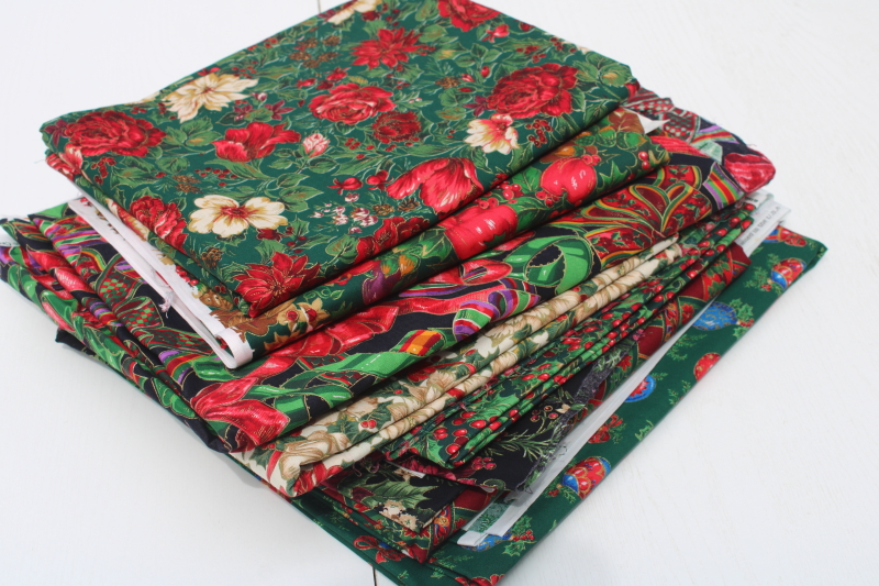 photo of lot 90s vintage Christmas print cotton fabrics most 2 yard pieces, holiday florals for quilting sewing  #7