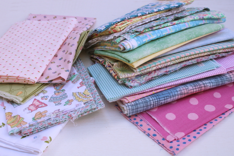 photo of lot 90s vintage cotton print fabric, pastel colors novelty prints, dots, stripes, florals #1