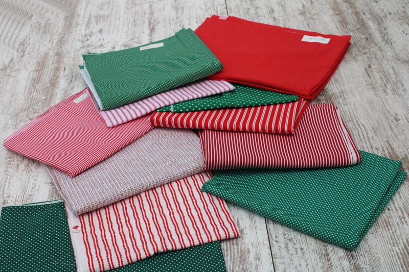 photo of lot 90s vintage quilting cotton fabrics Christmas red & green stripes, dots, plaid prints #1
