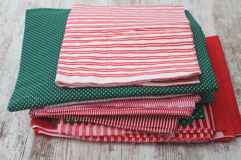 photo of lot 90s vintage quilting cotton fabrics Christmas red & green stripes, dots, plaid prints #2