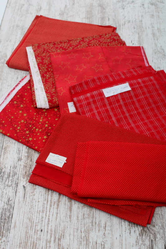 photo of lot 90s vintage quilting cotton fabrics Christmas red w/ metallic gold or silver, dots, stars, plaid #1