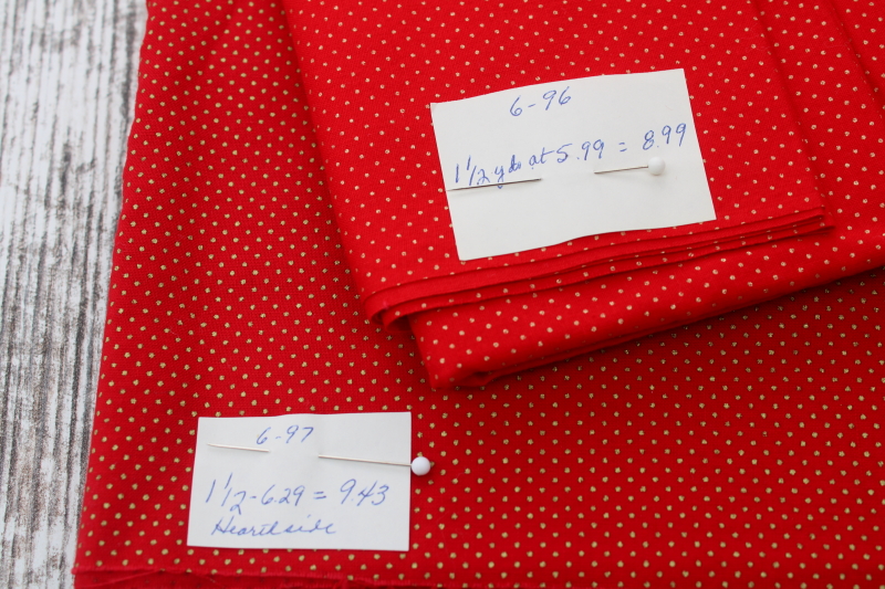 photo of lot 90s vintage quilting cotton fabrics Christmas red w/ metallic gold or silver, dots, stars, plaid #2