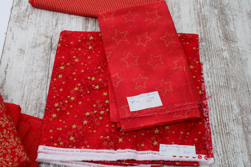 photo of lot 90s vintage quilting cotton fabrics Christmas red w/ metallic gold or silver, dots, stars, plaid #4