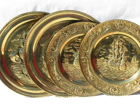 photo of lot English solid brass chargers, large plates or trays w/ tall ships #1