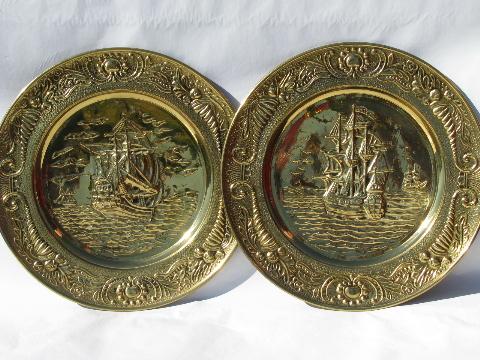 photo of lot English solid brass chargers, large plates or trays w/ tall ships #2