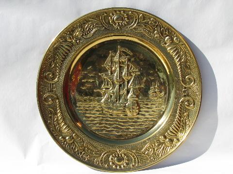 photo of lot English solid brass chargers, large plates or trays w/ tall ships #4