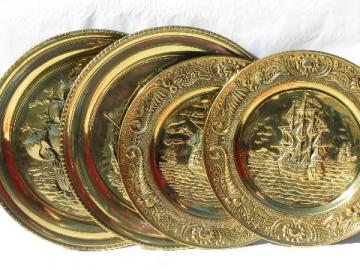 catalog photo of lot English solid brass chargers, large plates or trays w/ tall ships