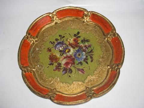 photo of lot Italian florentine antique gilt wood trays & charger plates, vintage Italy #3