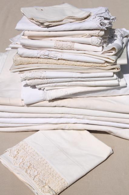 photo of lot all white cotton sheets & pillowcases, vintage bed linens, some trimmed w/ crochet #1